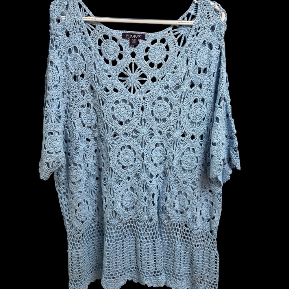 Roamans Women’s 2X 26/28 Pullover Crochet Open Knit Blue V-Neck Cotton Sweater